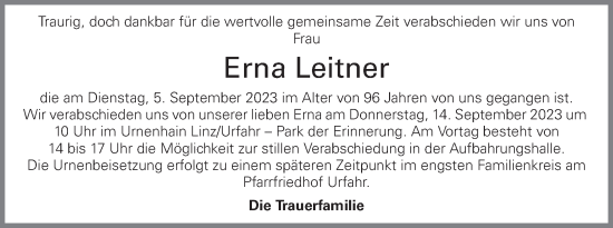 Traueranzeige von Erna Leitner von OÖNachrichten