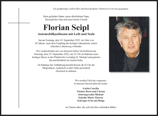 Traueranzeige von Florian Seipl von OÖNachrichten