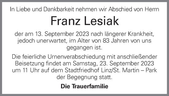 Traueranzeige von Franz Lesiak von OÖNachrichten