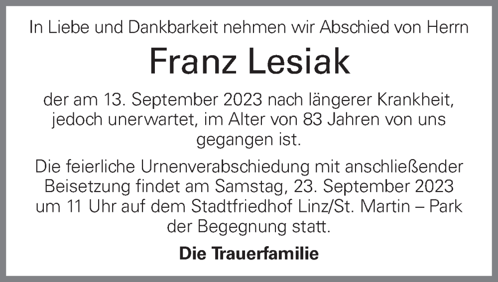  Traueranzeige für Franz Lesiak vom 16.09.2023 aus OÖNachrichten