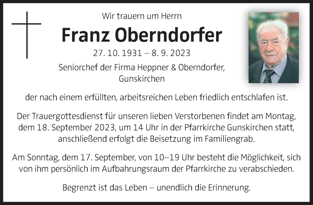  Traueranzeige für Franz Oberndorfer vom 16.09.2023 aus OÖNachrichten
