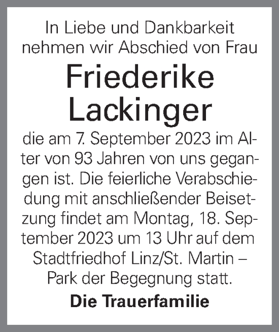 Traueranzeige von Friederike Lackinger von OÖNachrichten