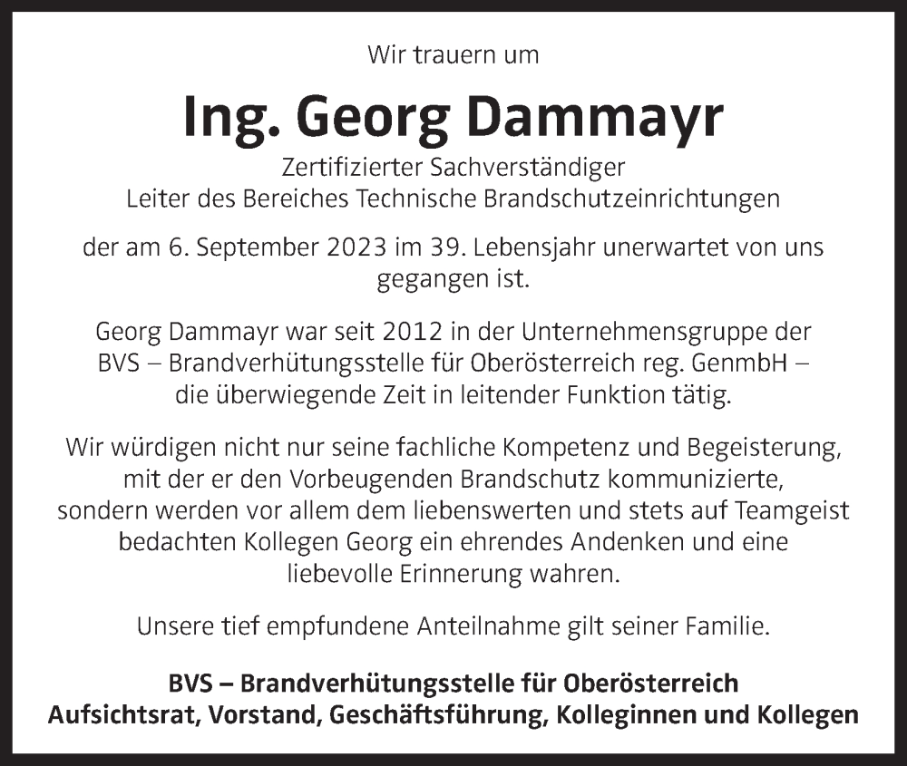  Traueranzeige für Georg Dammayr vom 13.09.2023 aus OÖNachrichten