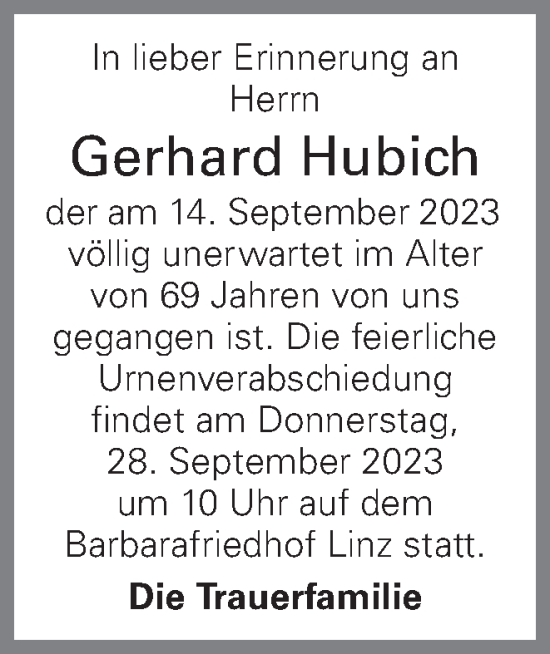 Traueranzeige von Gerhard Hubich von OÖNachrichten