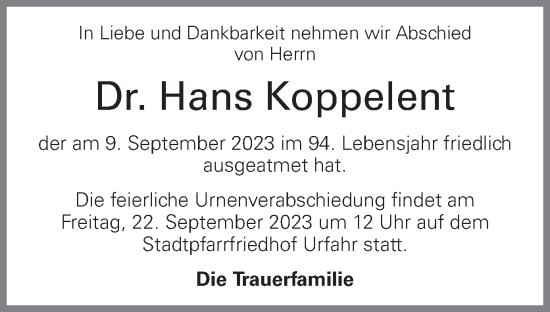 Traueranzeige von Hans Koppelent von OÖNachrichten