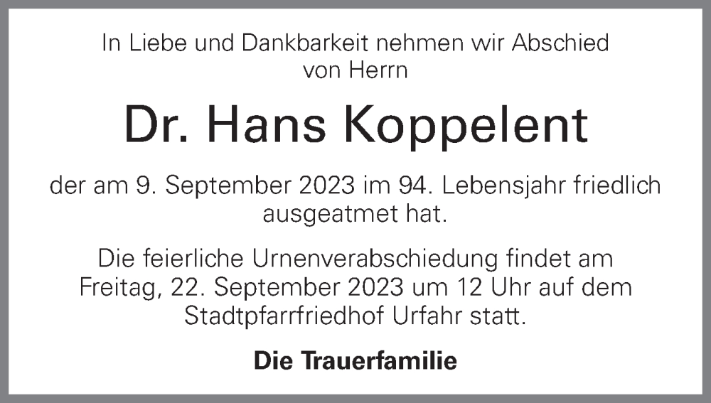  Traueranzeige für Hans Koppelent vom 16.09.2023 aus OÖNachrichten