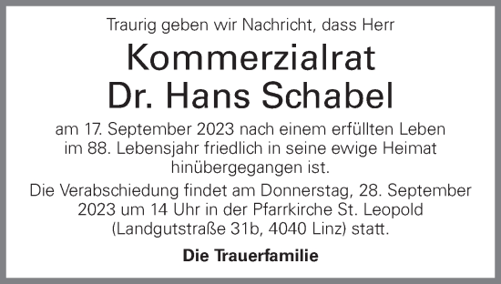 Traueranzeige von Hans Schabel von OÖNachrichten