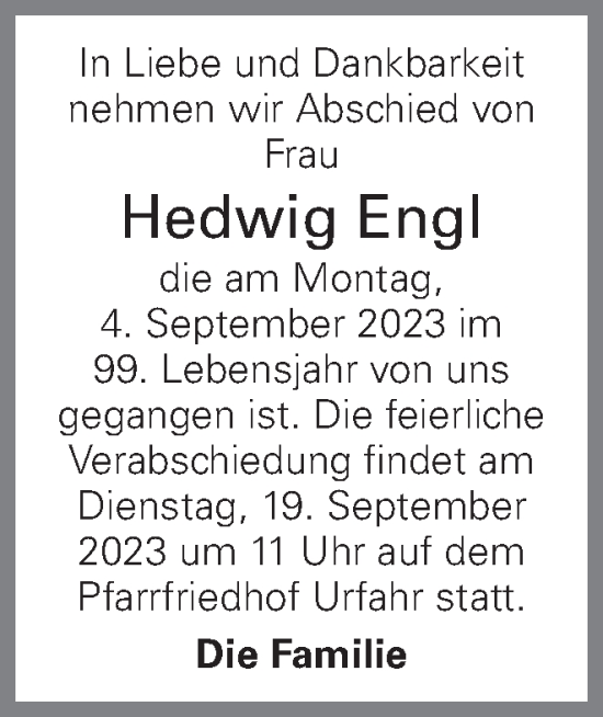 Traueranzeige von Hedwig Engl von OÖNachrichten