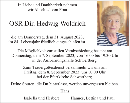 Traueranzeige von Hedwig Woldrich von OÖNachrichten