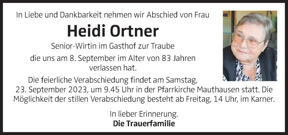 Traueranzeige für Heidi Ortner vom 16.09.2023 aus OÖNachrichten