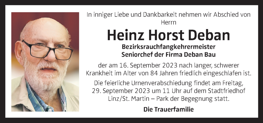  Traueranzeige für Heinz Horst Deban vom 23.09.2023 aus OÖNachrichten