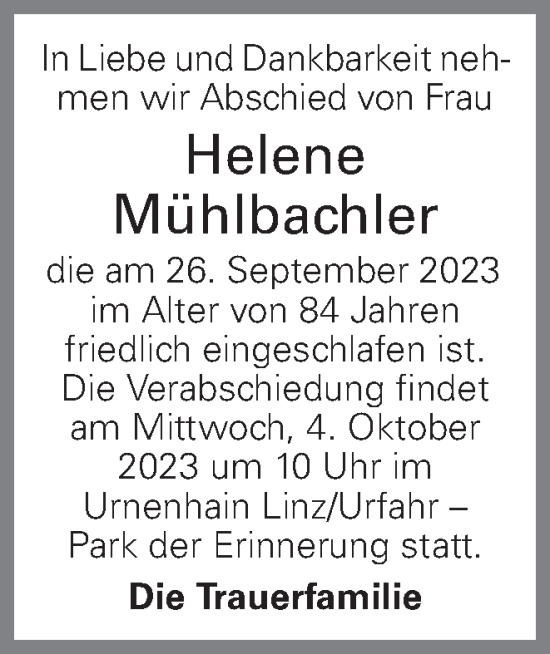 Traueranzeige von Helene Mühlbachler von OÖNachrichten