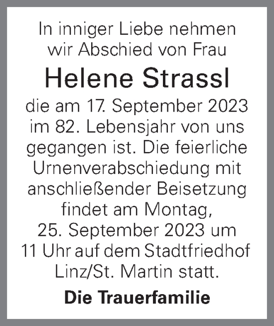 Traueranzeige von Helene Strassl von OÖNachrichten
