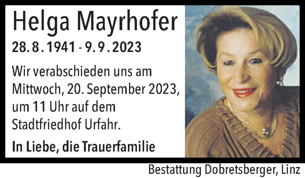  Traueranzeige für Helga Mayrhofer vom 16.09.2023 aus OÖNachrichten