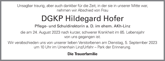 Traueranzeige von Hildegard Hofer von OÖNachrichten