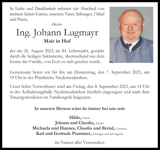 Traueranzeige von Johann Lugmayr von OÖNachrichten