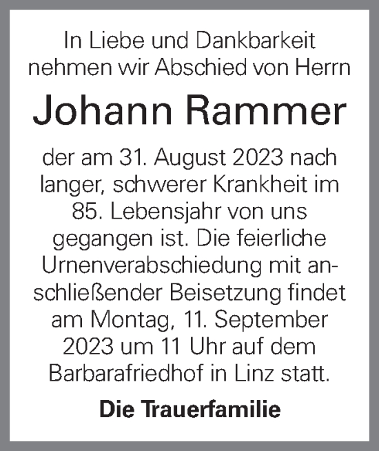 Traueranzeige von Johann Rammer von OÖNachrichten