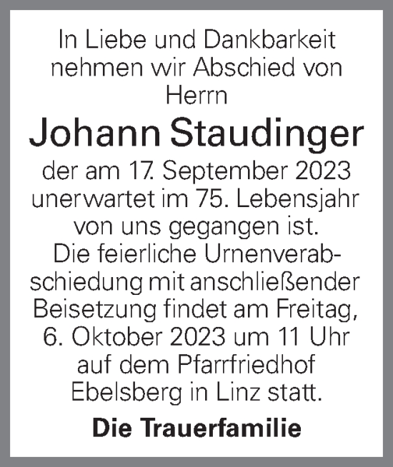 Traueranzeige von Johann Staudinger von OÖNachrichten
