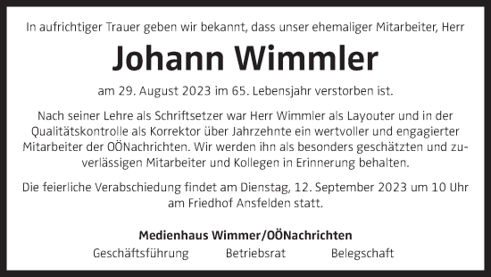 Traueranzeige von Johann Wimmler von OÖNachrichten
