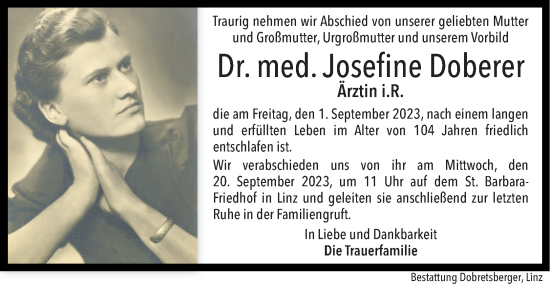 Traueranzeige von Josefine Doberer von OÖNachrichten