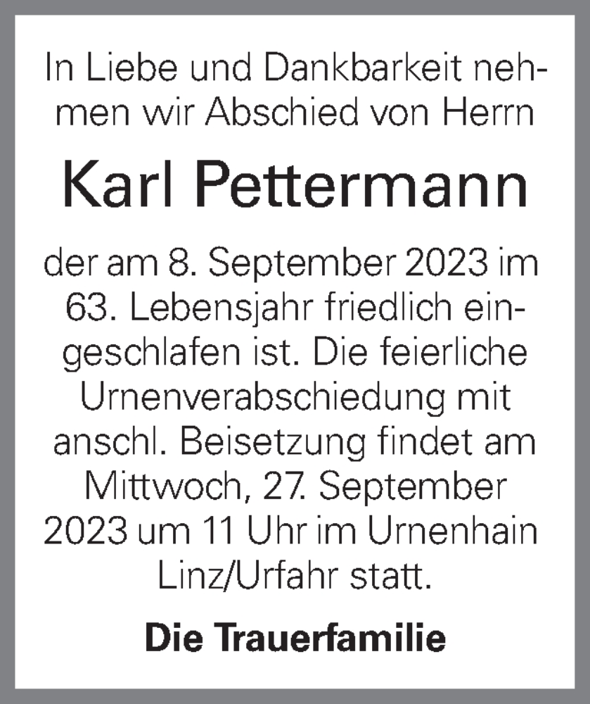  Traueranzeige für Karl Pettermann vom 16.09.2023 aus OÖNachrichten