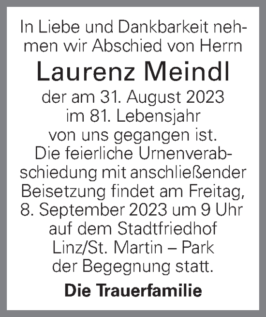 Traueranzeige von Laurenz Meindl von OÖNachrichten