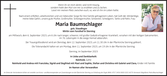 Traueranzeige von Maria Baumschlager von OÖNachrichten