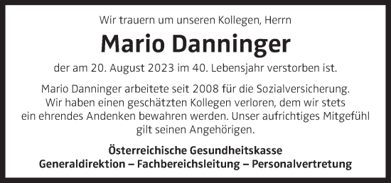 Traueranzeige von Mario Danninger von OÖNachrichten