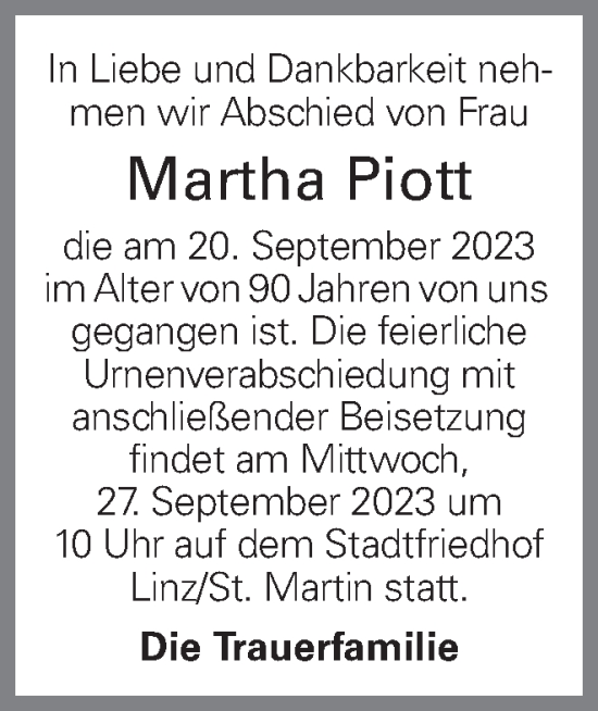 Traueranzeige von Martha Piott von OÖNachrichten