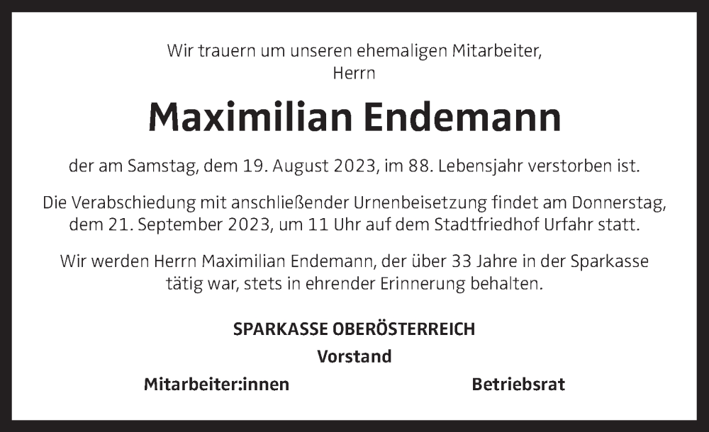  Traueranzeige für Maximilian Endemann vom 02.09.2023 aus OÖNachrichten