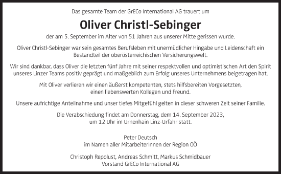Traueranzeige von Oliver Christl-Sebinger von OÖNachrichten