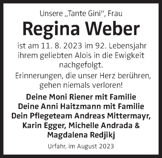 Traueranzeige von Regina Weber von OÖNachrichten