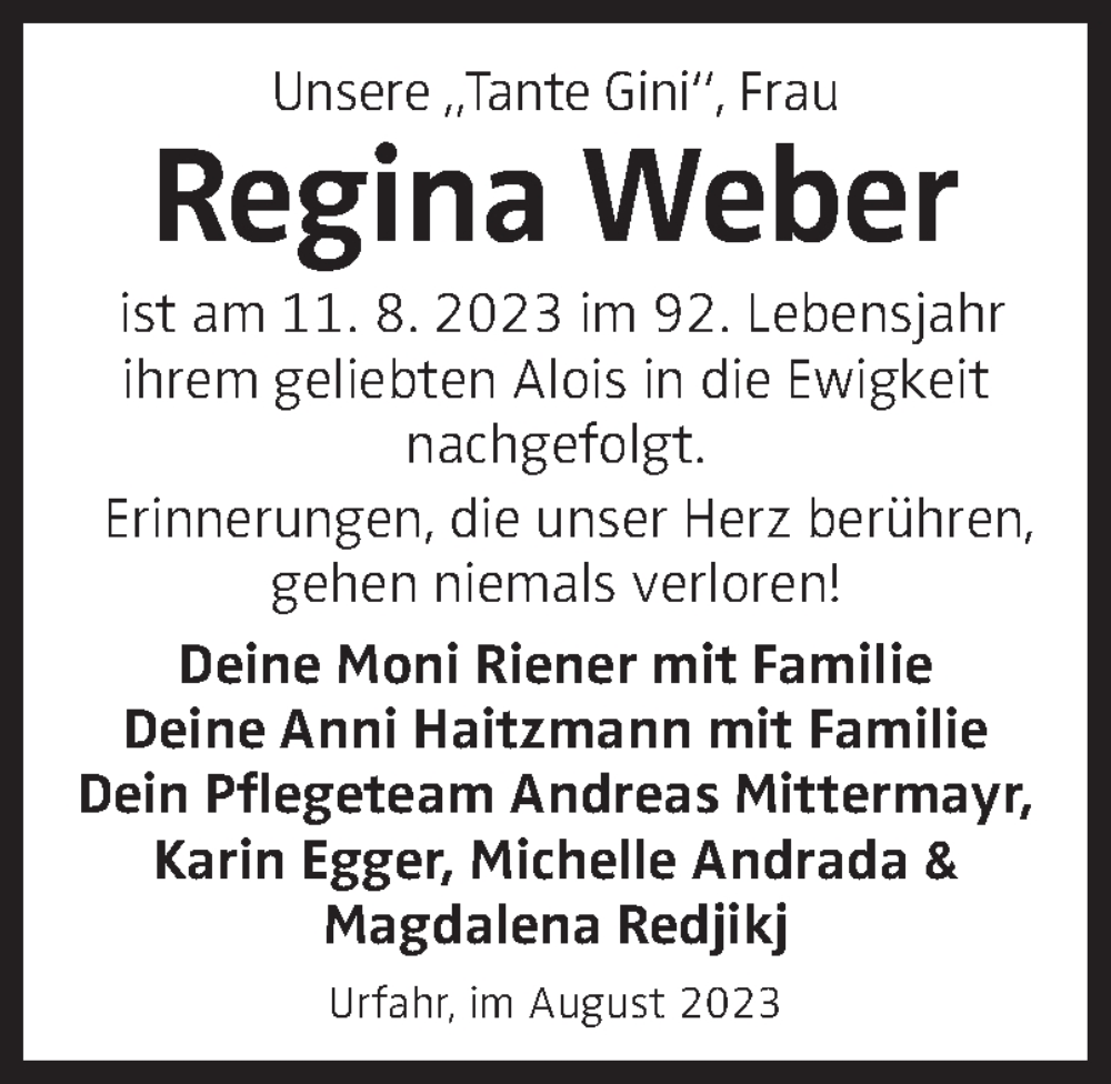  Traueranzeige für Regina Weber vom 02.09.2023 aus OÖNachrichten