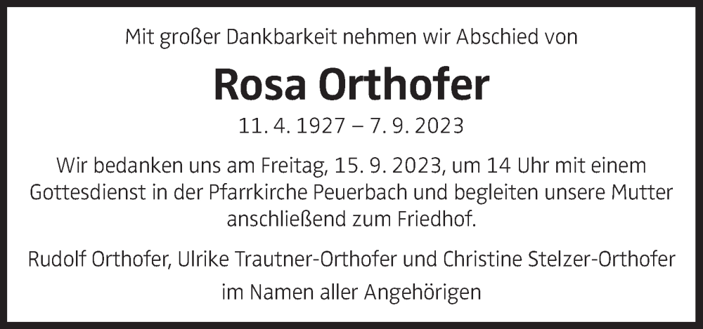  Traueranzeige für Rosa Orthofer vom 12.09.2023 aus OÖNachrichten