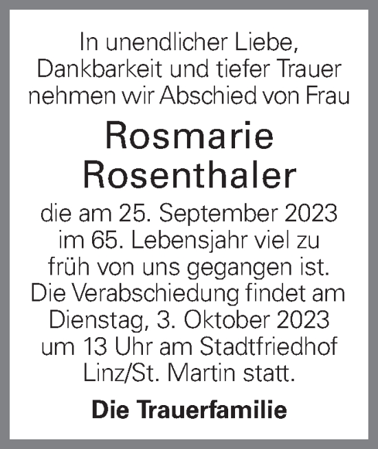 Traueranzeige von Rosmarie Rosenthaler von OÖNachrichten