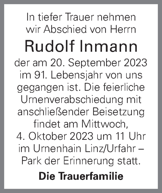 Traueranzeige von Rudolf Inmann von OÖNachrichten