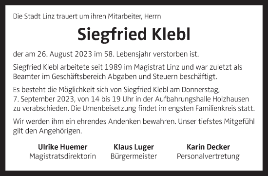 Traueranzeige von Siegfried Klebl von OÖNachrichten