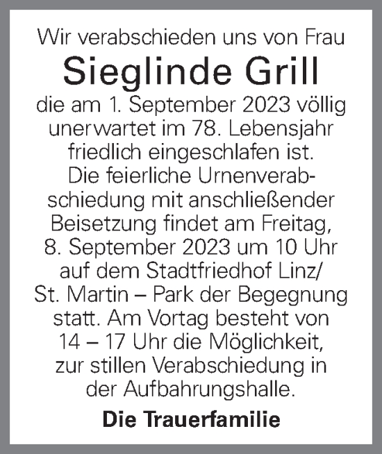 Traueranzeige von Sieglinde Grill von OÖNachrichten