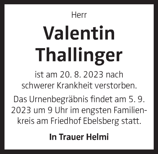 Traueranzeige von Valentin Thallinger von OÖNachrichten