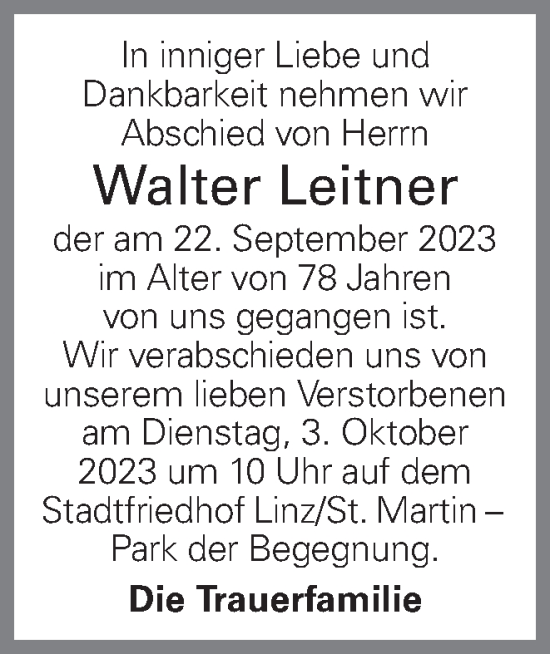 Traueranzeige von Walter Leitner von OÖNachrichten