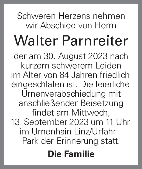 Traueranzeige von Walter Parnreiter von OÖNachrichten