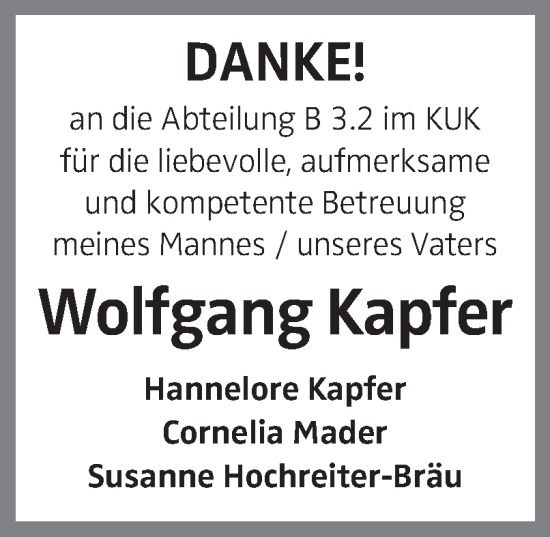 Traueranzeige von Wolfgang Kapfer von OÖNachrichten