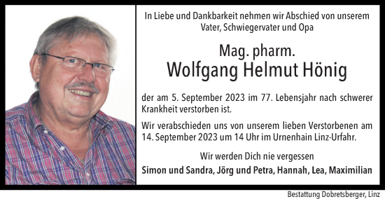 Traueranzeige von Wolfgang Helmut Hönig von OÖNachrichten