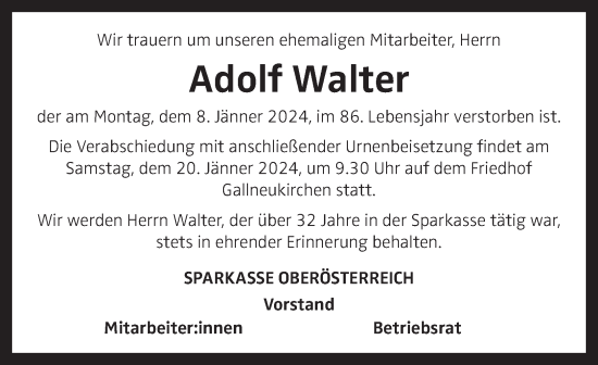 Traueranzeige von Adolf Walter von OÖNachrichten