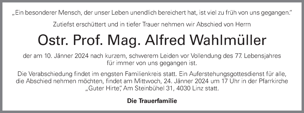  Traueranzeige für Alfred Wahlmüller vom 19.01.2024 aus OÖNachrichten
