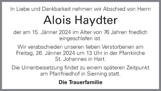 Traueranzeige von Alois Haydter von OÖNachrichten