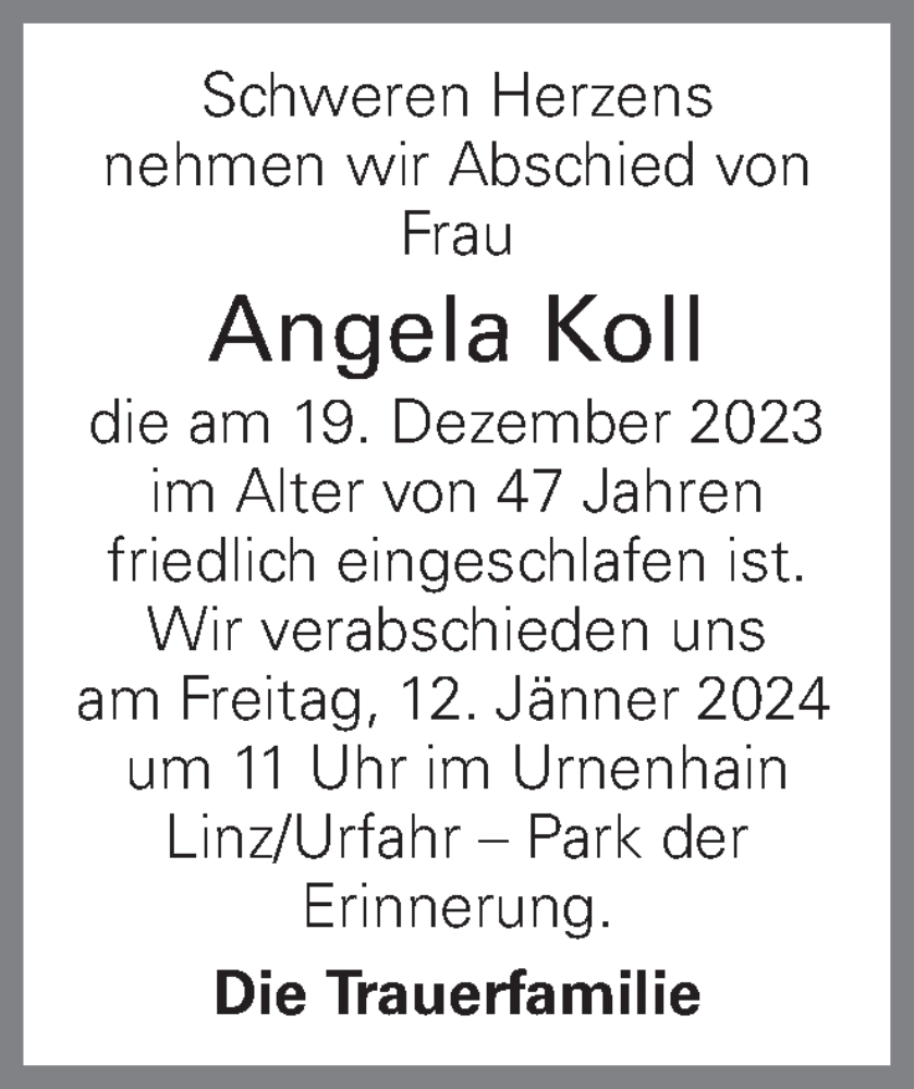 Traueranzeige für Angela Koll vom 08.01.2024 aus OÖNachrichten