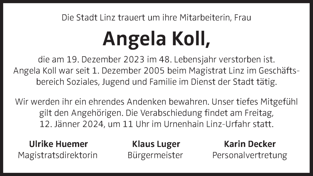  Traueranzeige für Angela Koll vom 03.01.2024 aus OÖNachrichten