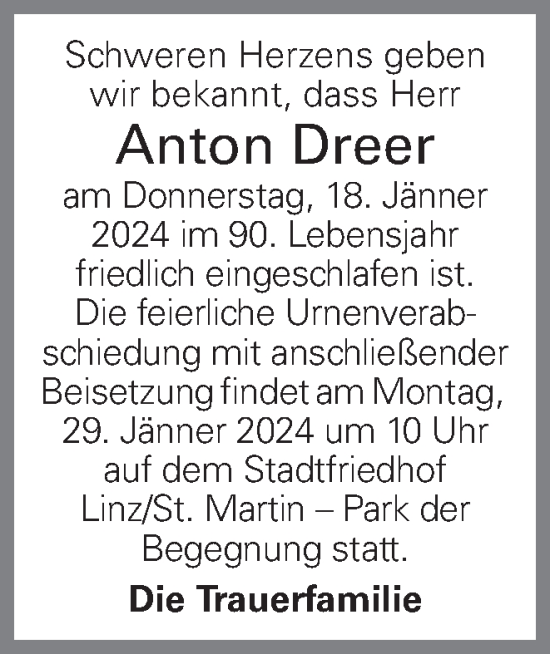 Traueranzeige von Anton Dreer von OÖNachrichten