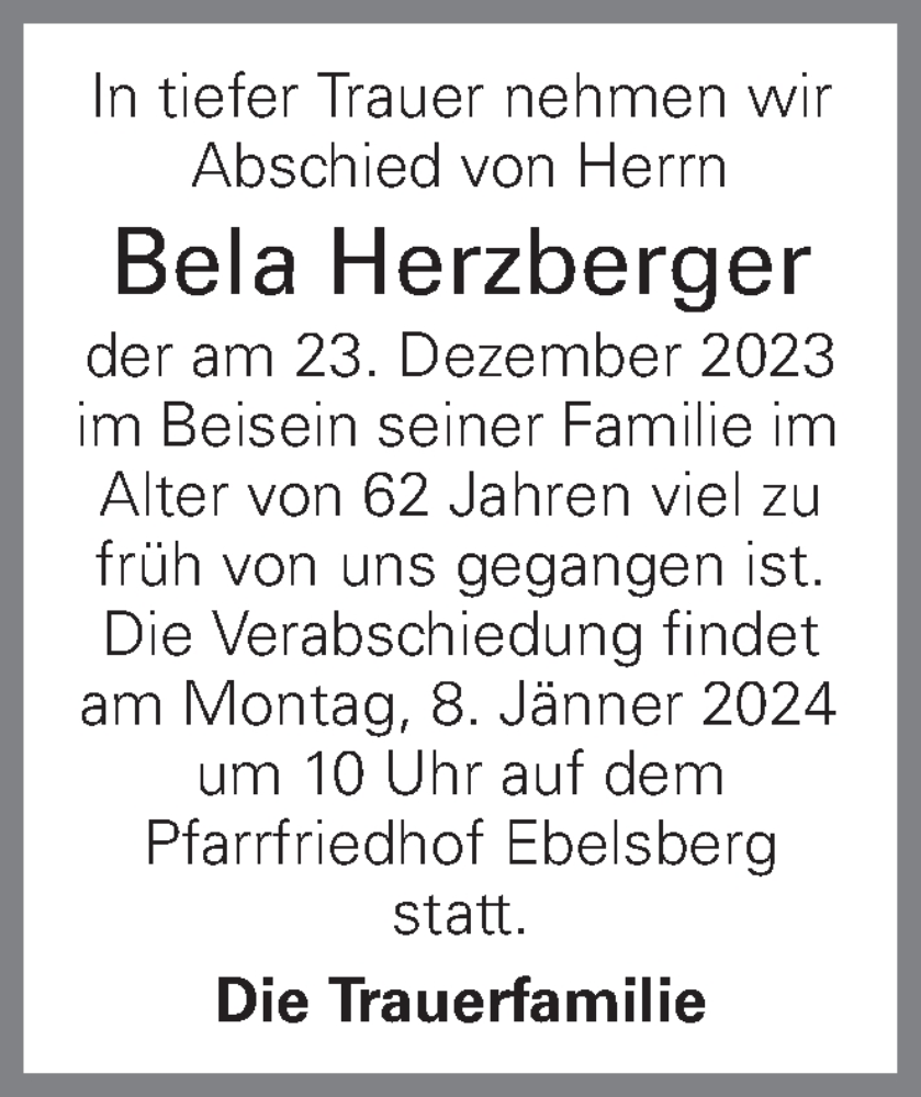  Traueranzeige für Bela Herzberger vom 05.01.2024 aus OÖNachrichten